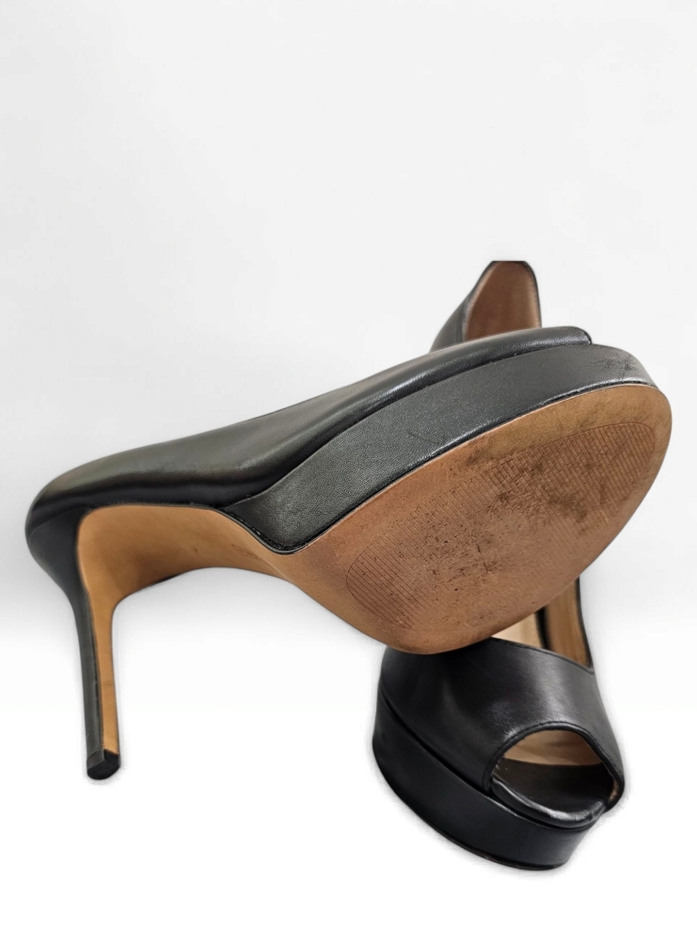 VINCE CAMUTO Lainey Black Leather Platform Peep Toe Stiletto Pumps 8.5M - Picture 8 of 10